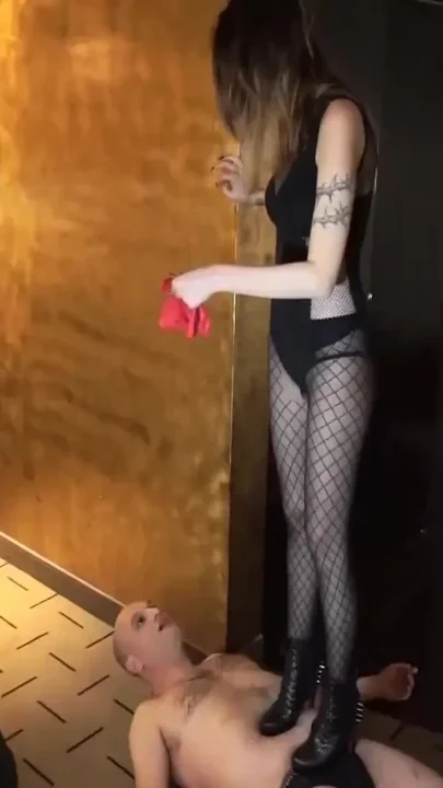 Trampling femdom chick punishing her slave