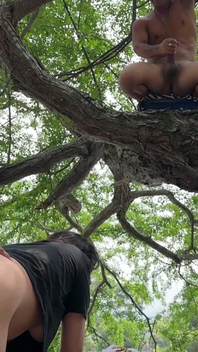 The dwarf in the tree jerks off like crazy until he cums watching the sexy