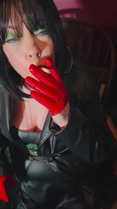 Miss Tina Snua In Leather coat & Gloves Sparks Up A cigarette Then Smokes For