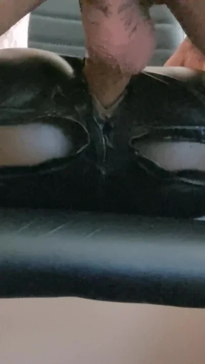 Ass toy in leather hotpants finishes my cock
