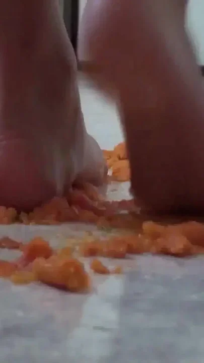 Close up of trampling food in the kitchen