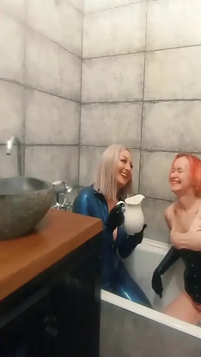 Bath Relax in Latex Rubber with Milk Romantic Funny Fetish Video