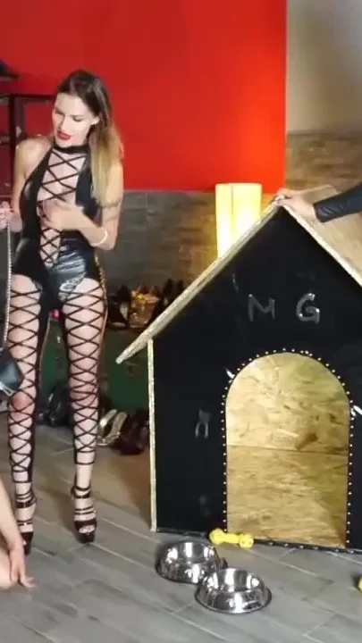 Two femdom girls use their slave as a pet
