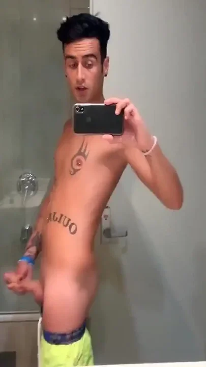Quick Hotel Bathroom Cumshot Into Sink in Swim Trunks While Friend Is Gone