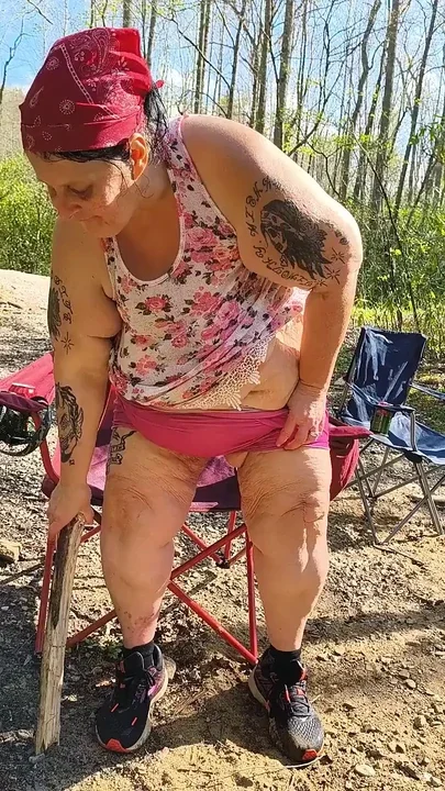 Naughty Slut in the Woods Finds a Big Fat Log and Fucks in All Her Holes and