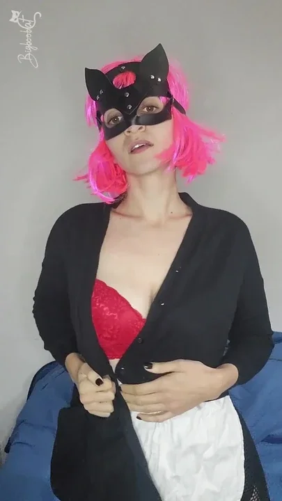 Look how horny I am with my kitty mask and my big natural tits