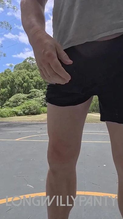 Straight uncut guy with cock out flashing at basketball courts