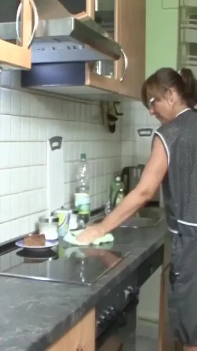 Shaved Granny Is Fucked Hard in Her Kitchen with a Big Cock Until Her Wet Pussy Leaks