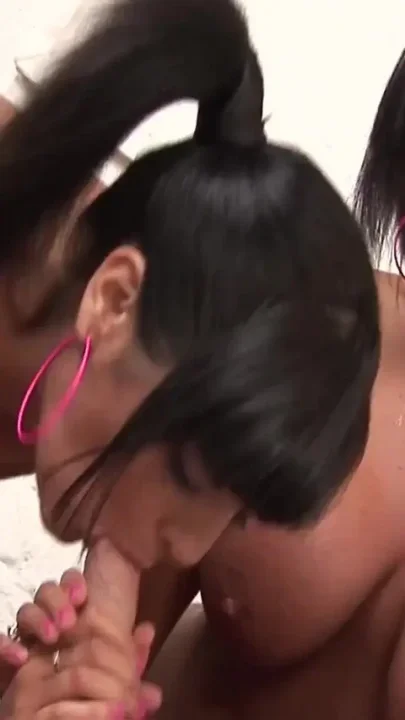 Brunette twins with big tits take turns with a man at the car wash