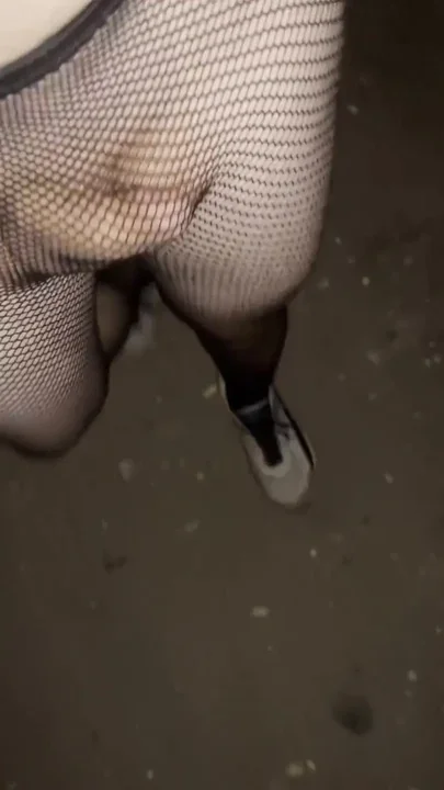 Night walking in pantyhose close road teen boy flash no pants