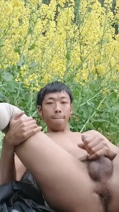 Super Asian boy masturbates moaning ejaculating and swallowing fluids by a
