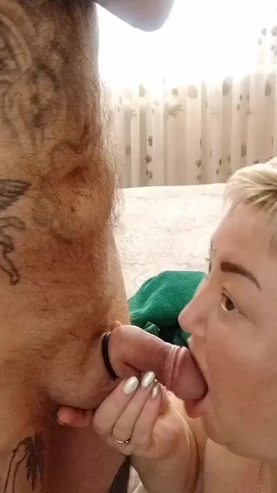 Blowjob from milf after shower with cum in mouth