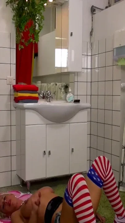 Blonde big boobed milf takes big cock in the bathroom