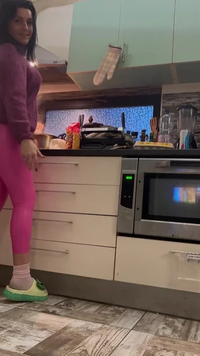Pink Leather Leggings & Cameltoe Tease in the Kitchen