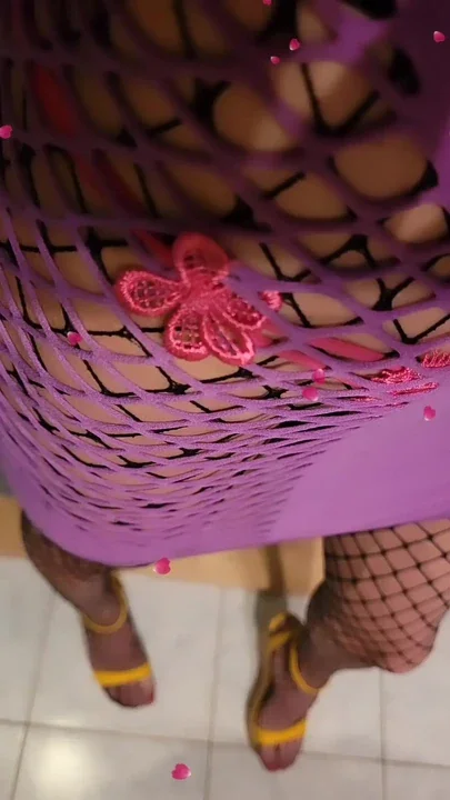 Pink Butterfly ThongDress Purple Dress Yellow High Heels Fishnet Stockings