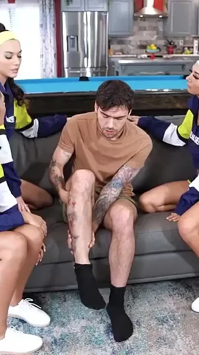 Three Hot Athletes Shared His Big Cock to Make His Pain Go Away