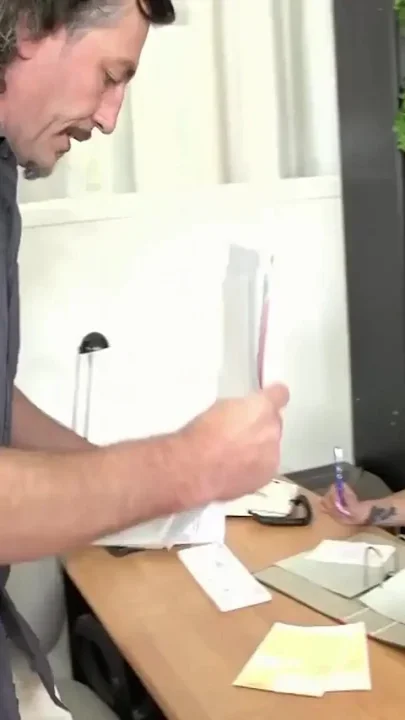 Pretty blonde gets caught masturbating and fucks guy with huge dick in the office