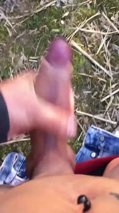 Outside Uncut Cock Jerk off with Cock Ring and Rub Own Cum on Dick