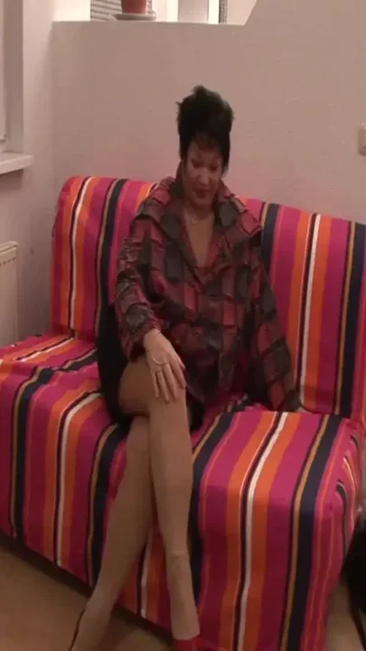 Brunette gilf with big boobs masturbating and blowing cock