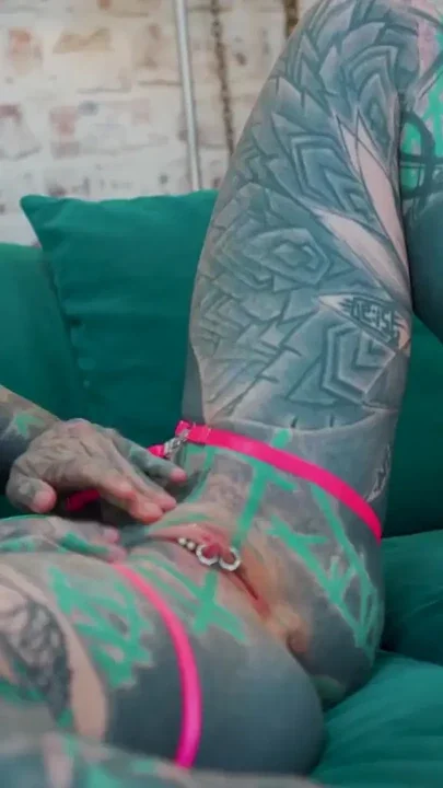 Ink Covered Beauty Solo Anal Toy Play in Lace Lingerie Clip 1