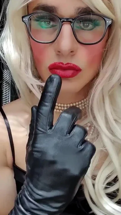 Teasing you in my black satin dress full make up pearls opera leather gloves
