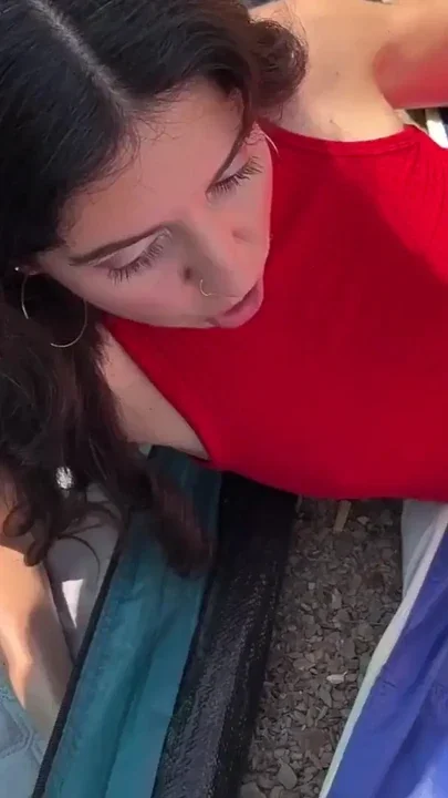 Gangbang - Guy lets strangers fuck his girlfriend in a tent - juicy throat and