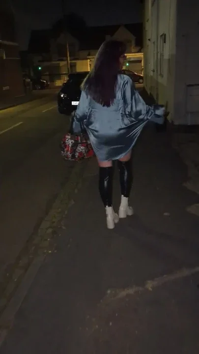 Hotwife slut walking home at night after her meet flashing in public