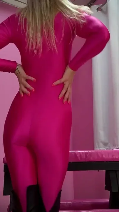 Shiny Catsuit Domme in Boots Orders You to Stroke on Command