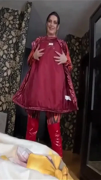 Red Nylon Jumpsuit Fetish Cameltoe Tease Deep Blowjob and Cum on My Downjacket