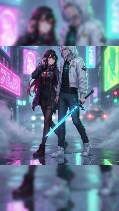 Cyberpunk Power Couple Walking Through Neon Rain AI Anime Made on YoReSpot