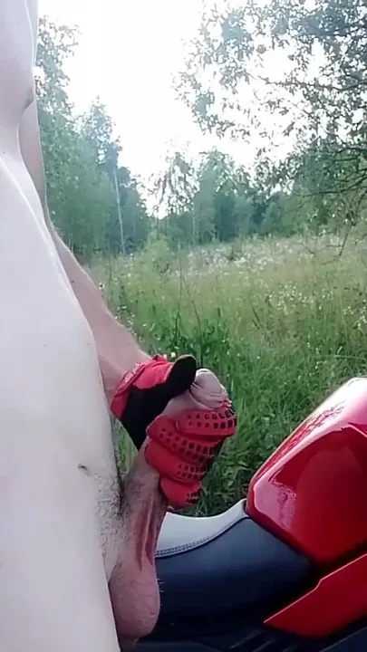 Motorcycle Handjob in Mxhelmet and Nike Sneakers