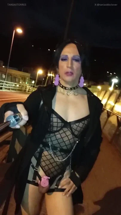 Taniax walks around the city in sexy black lingerieshowing her tiny cock in flat