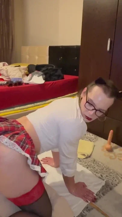 Sissy Merve Rose School girl chastity belt doggy style big black cock hardcore