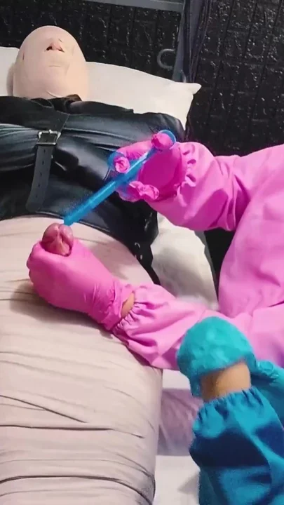 2 sadistic nurse tormenting slave with sounding