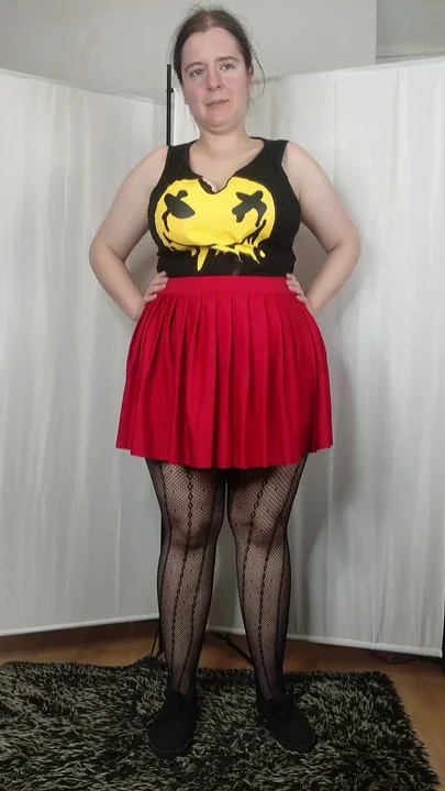 4k Patterned Pantyhose and Red Mini Skirt Try on
