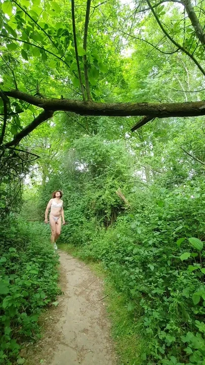 Sports in the forest only with bra and open panties for the cock
