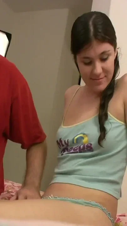 Brunette teen blows older guy's cock in POV