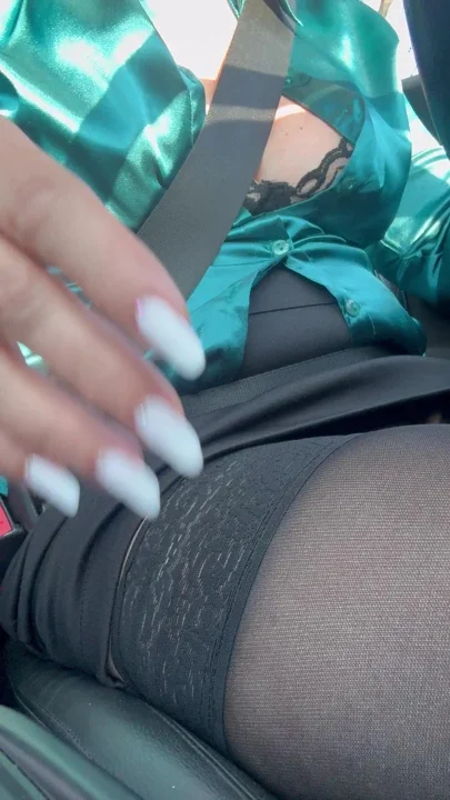 Busty cougar milf in stockings driving and feeling horny