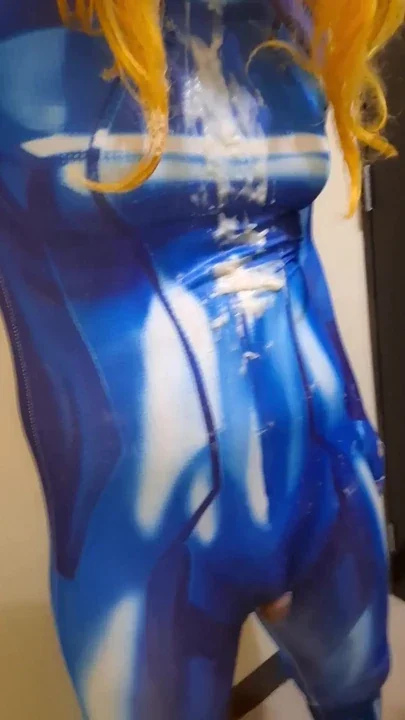 Tgirl Covered in Cum After Gangbang and Bukkake in Samus Halloween Costume