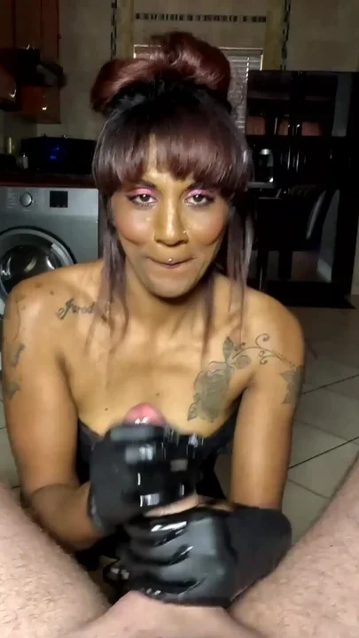 INDIAN WHORE wearing CORSET jerking my cock in LATEX GLOVES POV CUMSHOT Clip 1