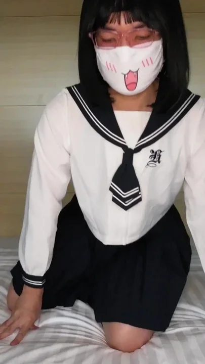 Sissy Kanisa Strip Show Japanese College Uniform with Swimsuit as Underwear