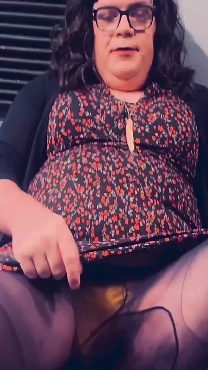 Trans Girl Lifts Dress and Cums in Her Pantyhose