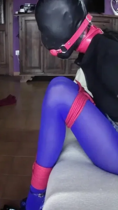 I'm bound and hooded on high heels and pantyhose deepthroat a big cock for 24