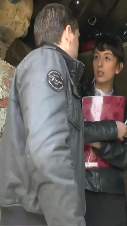 French brunette gives a juicy blowjob in a fall down house