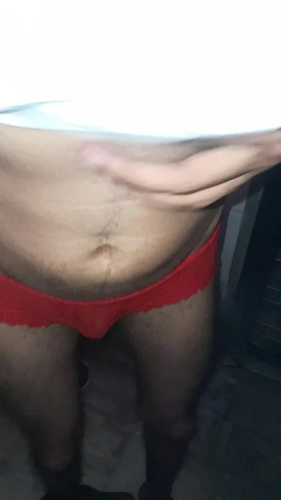 Teen hot boy wear girl s red transparent panty