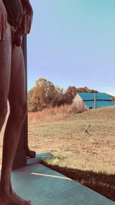 Jerking off with cum outside on back patio very risky homes behind and