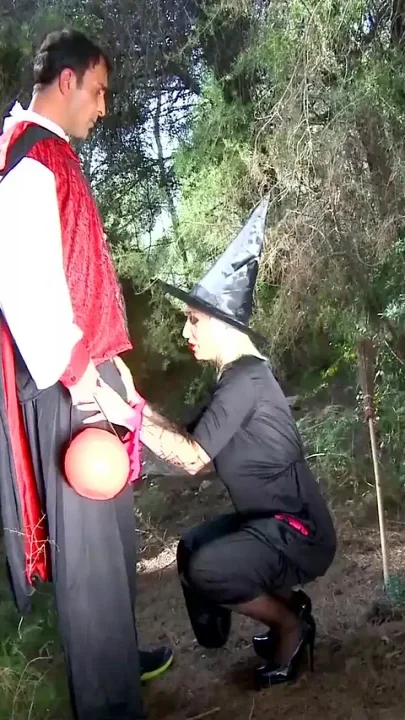 Hot blonde with big tits roughly fucked by two bad guys in the woods dressed up