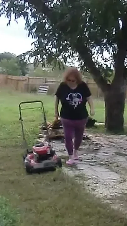 Nurse Vicki Mowing Grass dressed then topless