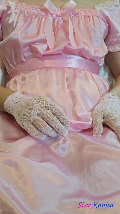 Sissy Kanisa Jerking off with Pink Satin Dress and Lace Glove