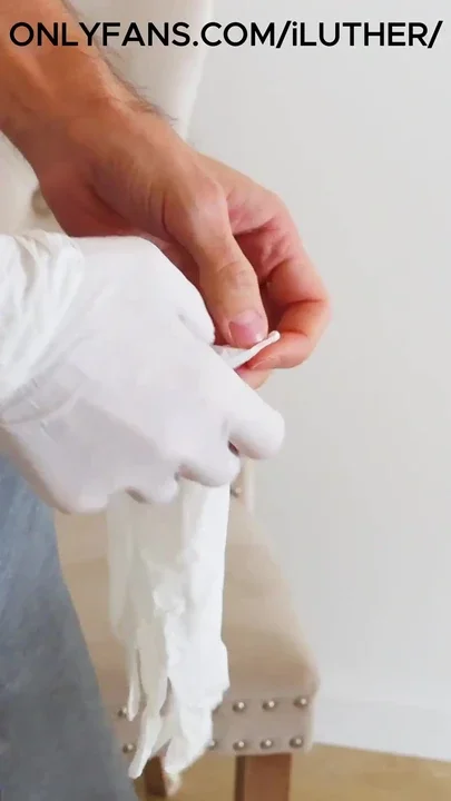 Huge mushroom head cock hard jerking off using white latex gloves man moaning